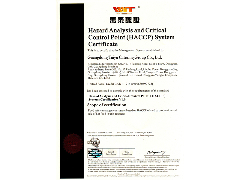危害分析與關(guān)鍵控制點(HACCP)體系認(rèn)證英文證書